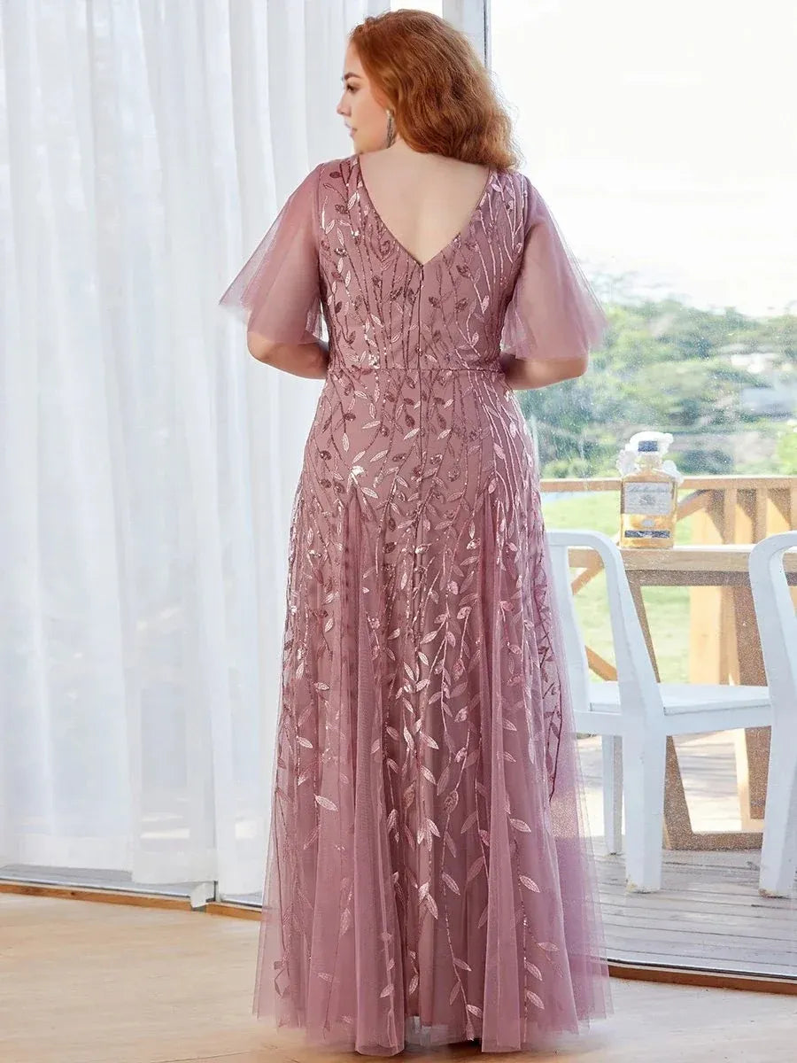 A-line V Neck Flutter Sleeve Back Zip Floor-Length Plus Size Prom Dress
