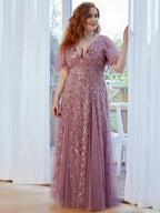 A-line V Neck Flutter Sleeve Back Zip Floor-Length Plus Size Prom Dress