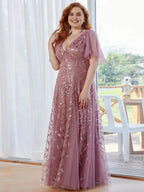 A-line V Neck Flutter Sleeve Back Zip Floor-Length Plus Size Prom Dress
