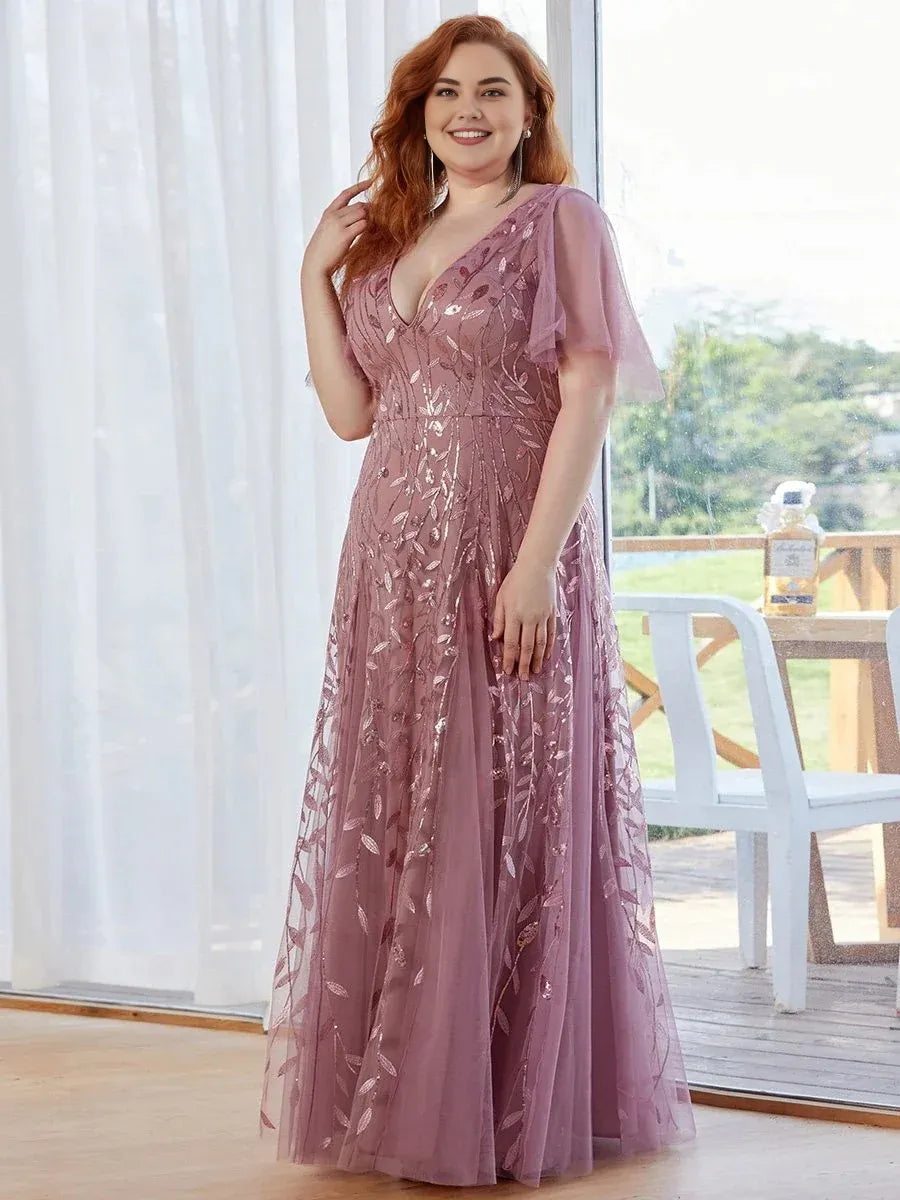 A-line V Neck Flutter Sleeve Back Zip Floor-Length Plus Size Prom Dress