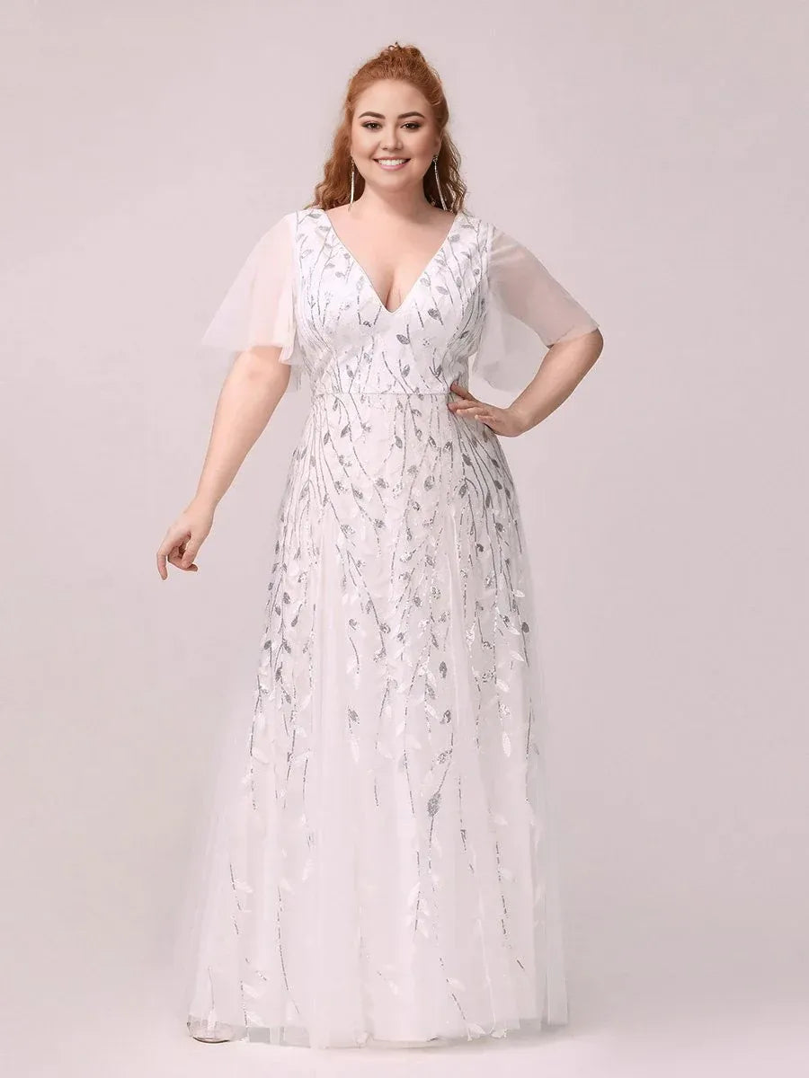 A-line V Neck Flutter Sleeve Back Zip Floor-Length Plus Size Prom Dress