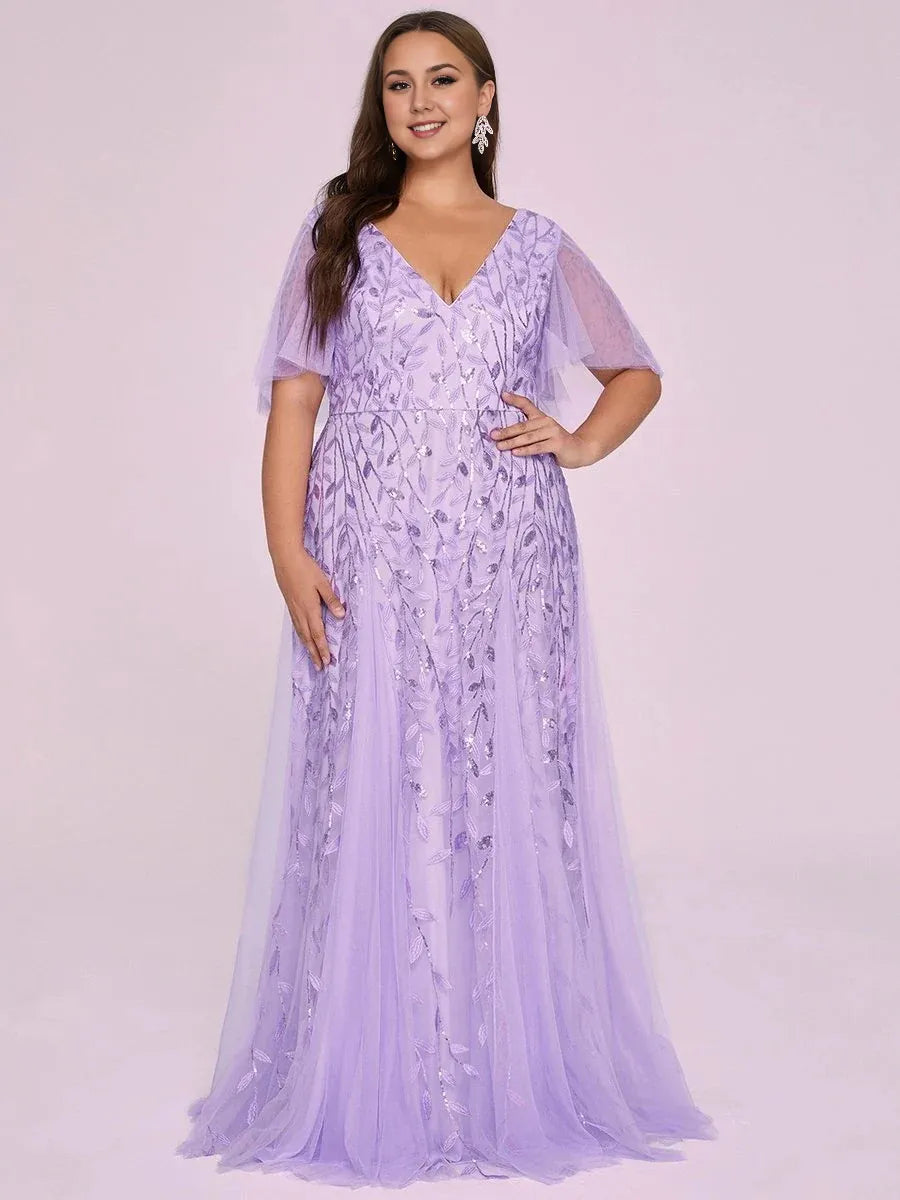 A-line V Neck Flutter Sleeve Back Zip Floor-Length Plus Size Prom Dress