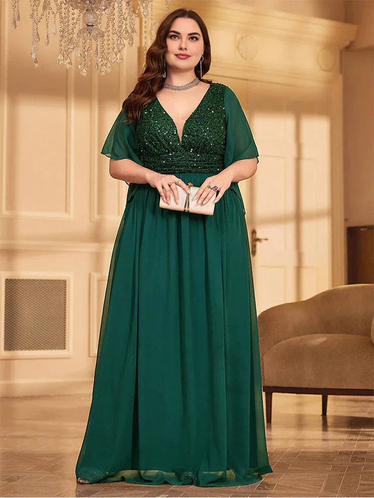 A-line V Neck Flutter Sleeve Backless Floor-Length Plus Size Prom Dress