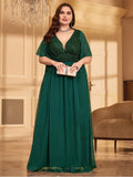 A-line V Neck Flutter Sleeve Backless Floor-Length Plus Size Prom Dress