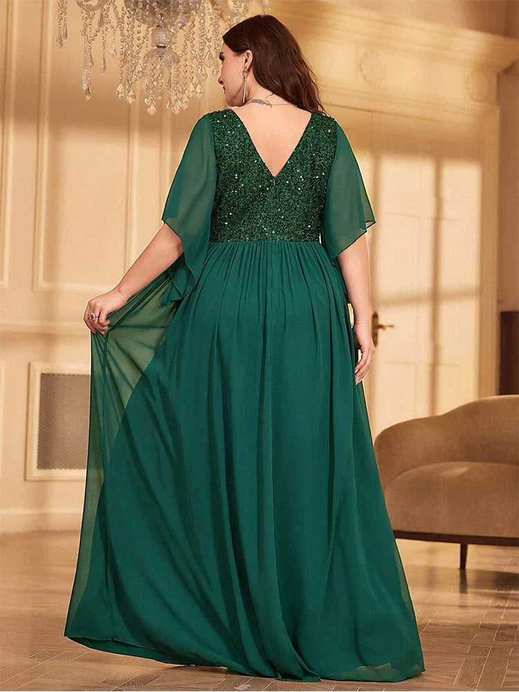 A-line V Neck Flutter Sleeve Backless Floor-Length Plus Size Prom Dress