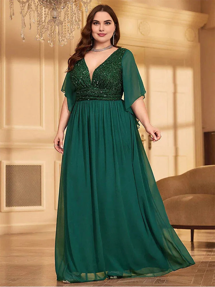 A-line V Neck Flutter Sleeve Backless Floor-Length Plus Size Prom Dress