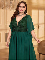 A-line V Neck Flutter Sleeve Backless Floor-Length Plus Size Prom Dress