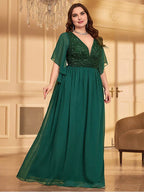 A-line V Neck Flutter Sleeve Backless Floor-Length Plus Size Prom Dress