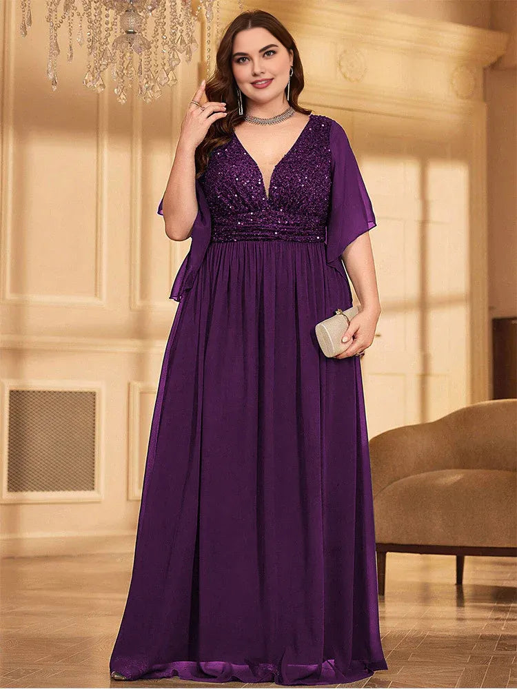 A-line V Neck Flutter Sleeve Backless Floor-Length Plus Size Prom Dress