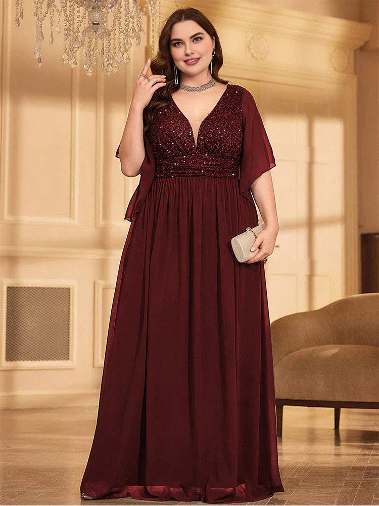 A-line V Neck Flutter Sleeve Backless Floor-Length Plus Size Prom Dress