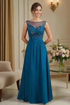 A Line Boat-Neck Sleeveless Zipper Up Floor-Length Mother of the Bride Dress