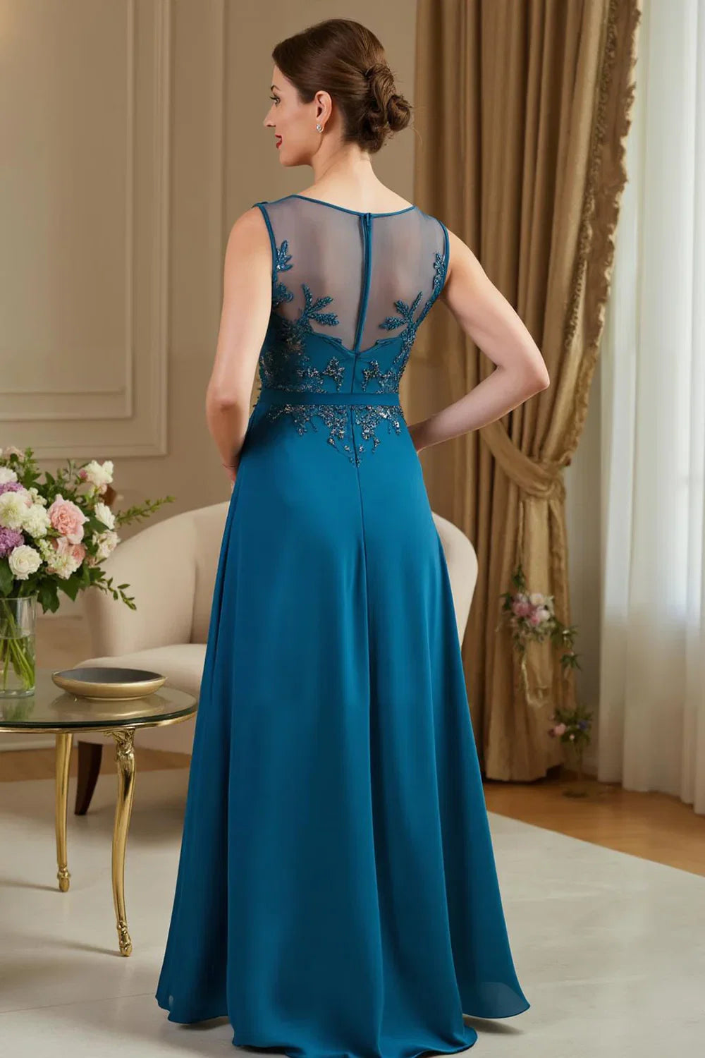 A Line Boat-Neck Sleeveless Zipper Up Floor-Length Mother of the Bride Dress