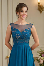 A Line Boat-Neck Sleeveless Zipper Up Floor-Length Mother of the Bride Dress