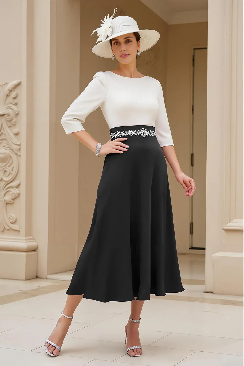 A Line Boat Neck Long Sleeve Scoop Back Tea-Length Mother of the Bride Dress