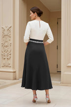 A Line Boat Neck Long Sleeve Scoop Back Tea-Length Mother of the Bride Dress