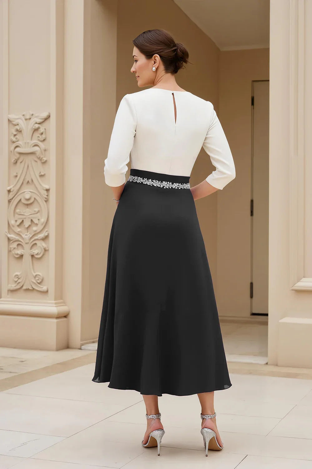 A Line Boat Neck Long Sleeve Scoop Back Tea-Length Mother of the Bride Dress