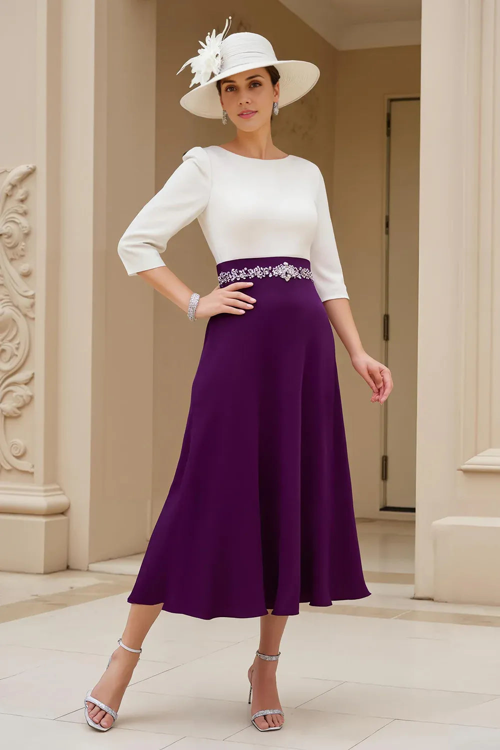 A Line Boat Neck Long Sleeve Scoop Back Tea-Length Mother of the Bride Dress