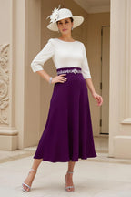 A Line Boat Neck Long Sleeve Scoop Back Tea-Length Mother of the Bride Dress