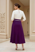 A Line Boat Neck Long Sleeve Scoop Back Tea-Length Mother of the Bride Dress