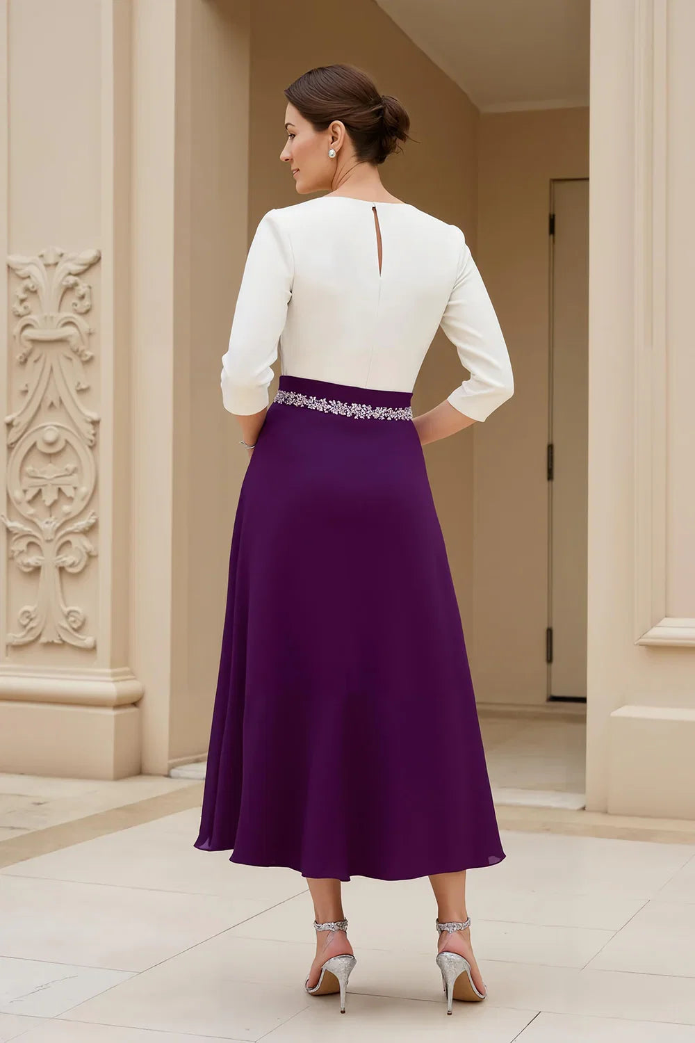 A Line Boat Neck Long Sleeve Scoop Back Tea-Length Mother of the Bride Dress