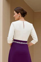 A Line Boat Neck Long Sleeve Scoop Back Tea-Length Mother of the Bride Dress