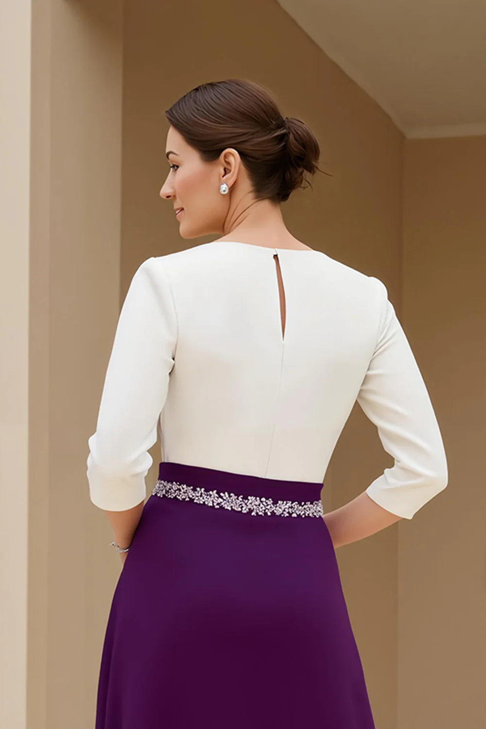 A Line Boat Neck Long Sleeve Scoop Back Tea-Length Mother of the Bride Dress