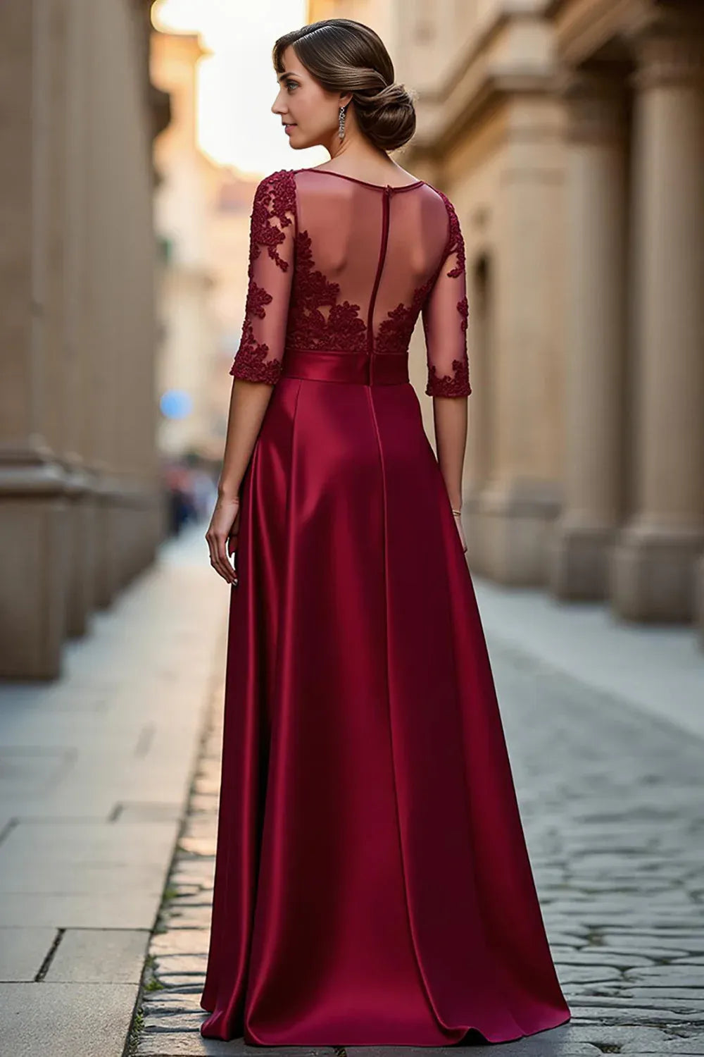 A Line Boat Neck Long Sleeve Zipper Up Floor-Length Mother of the Bride Dress