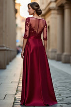 A Line Boat Neck Long Sleeve Zipper Up Floor-Length Mother of the Bride Dress