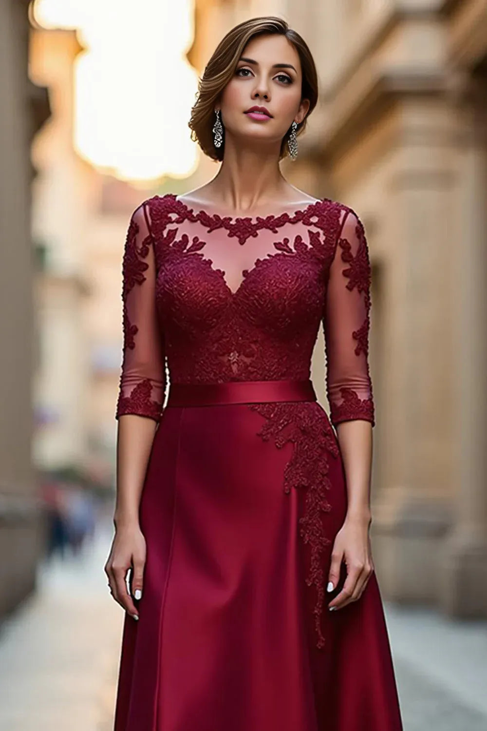 A Line Boat Neck Long Sleeve Zipper Up Floor-Length Mother of the Bride Dress