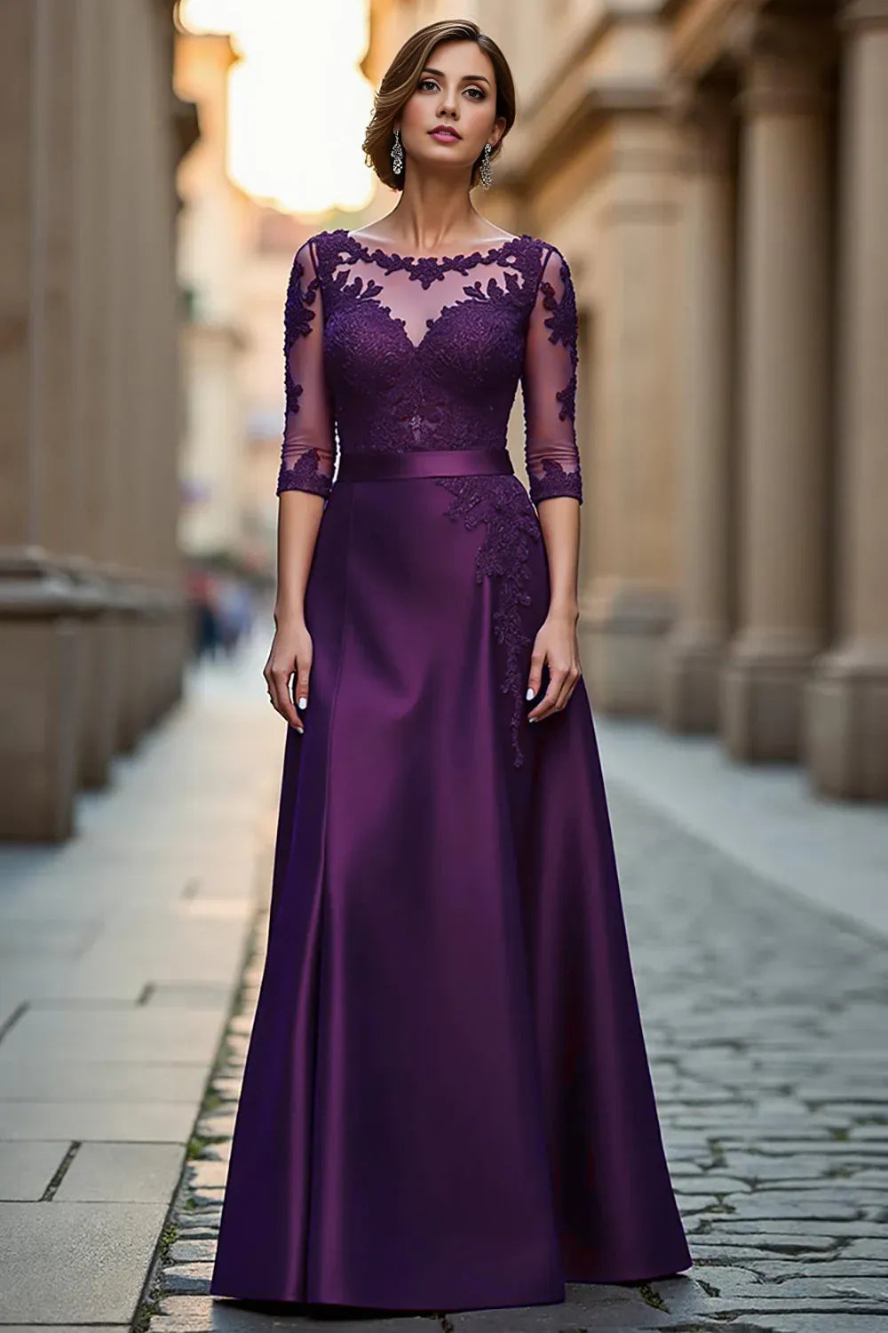 A Line Boat Neck Long Sleeve Zipper Up Floor-Length Mother of the Bride Dress