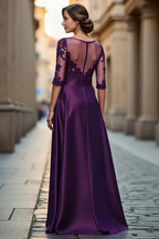 A Line Boat Neck Long Sleeve Zipper Up Floor-Length Mother of the Bride Dress