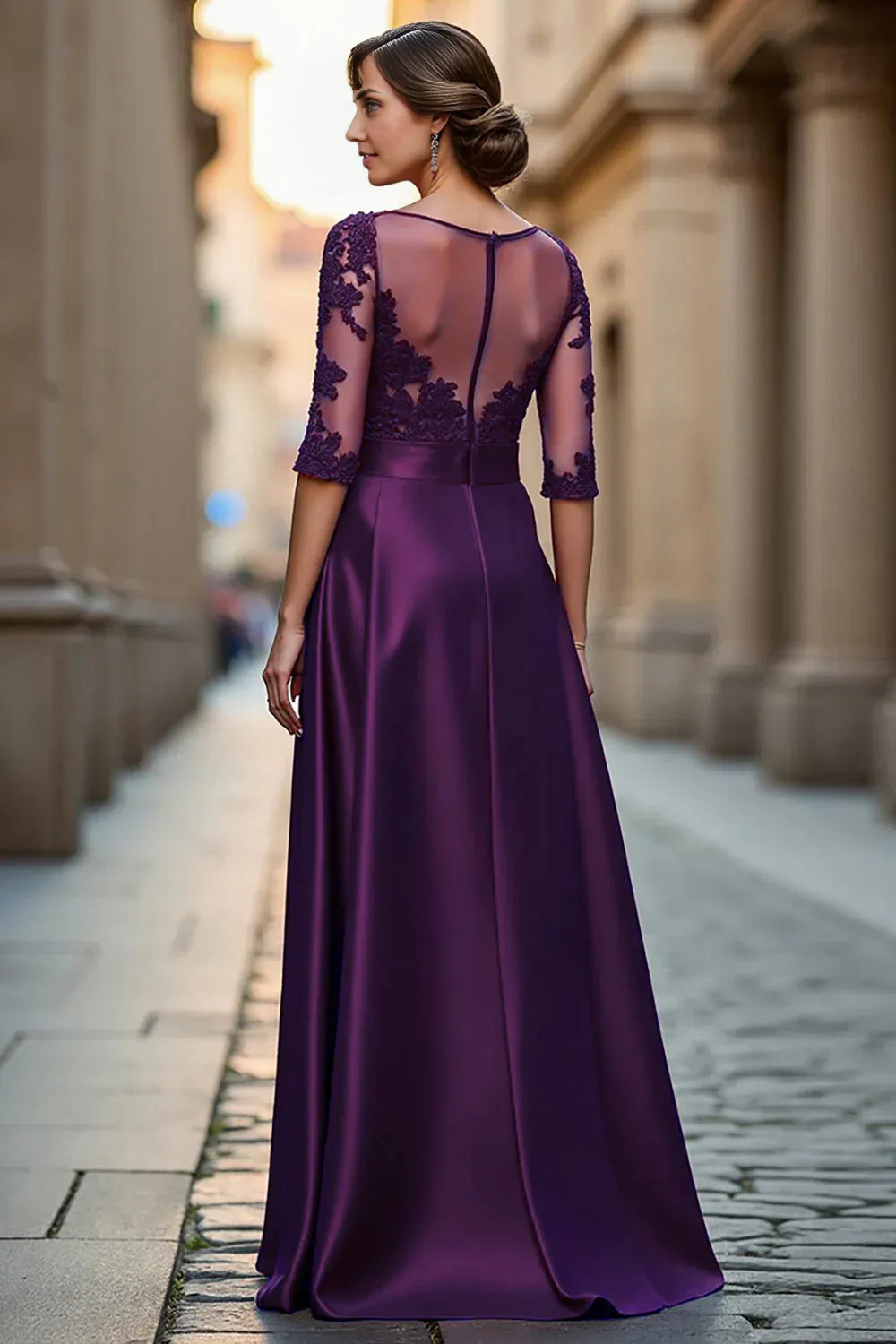 A Line Boat Neck Long Sleeve Zipper Up Floor-Length Mother of the Bride Dress