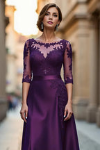 A Line Boat Neck Long Sleeve Zipper Up Floor-Length Mother of the Bride Dress