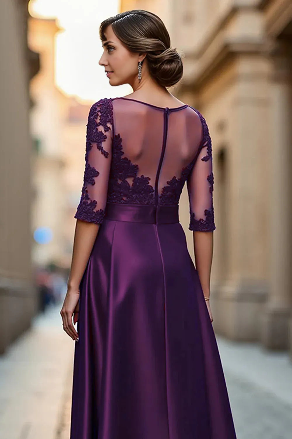 A Line Boat Neck Long Sleeve Zipper Up Floor-Length Mother of the Bride Dress