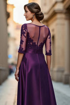 A Line Boat Neck Long Sleeve Zipper Up Floor-Length Mother of the Bride Dress