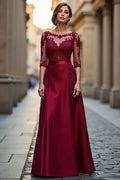 A Line Boat Neck Long Sleeve Zipper Up Floor-Length Mother of the Bride Dress