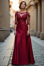 A Line Boat Neck Long Sleeve Zipper Up Floor-Length Mother of the Bride Dress