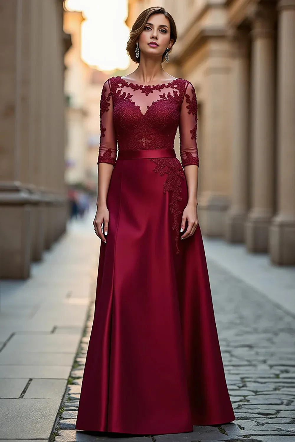 A Line Boat Neck Long Sleeve Zipper Up Floor-Length Mother of the Bride Dress