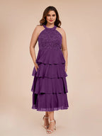 A Line Halter-Neck Sleeveless Tea Length Plus Size Mother of the Bride Dress