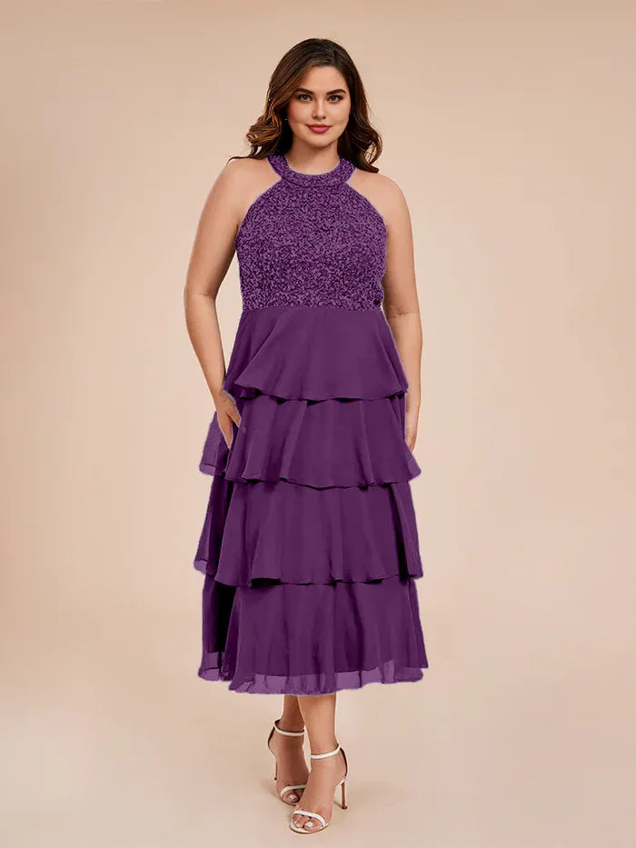 A Line Halter-Neck Sleeveless Tea Length Plus Size Mother of the Bride Dress