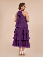 A Line Halter-Neck Sleeveless Tea Length Plus Size Mother of the Bride Dress