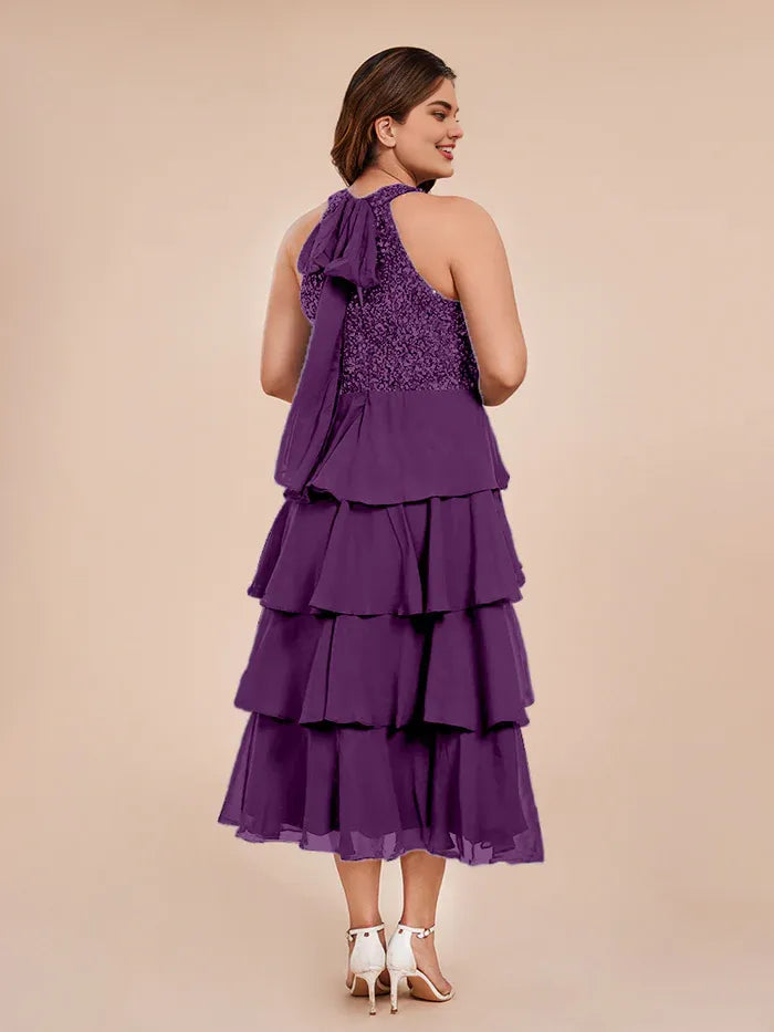 A Line Halter-Neck Sleeveless Tea Length Plus Size Mother of the Bride Dress
