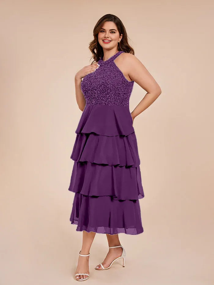 A Line Halter-Neck Sleeveless Tea Length Plus Size Mother of the Bride Dress