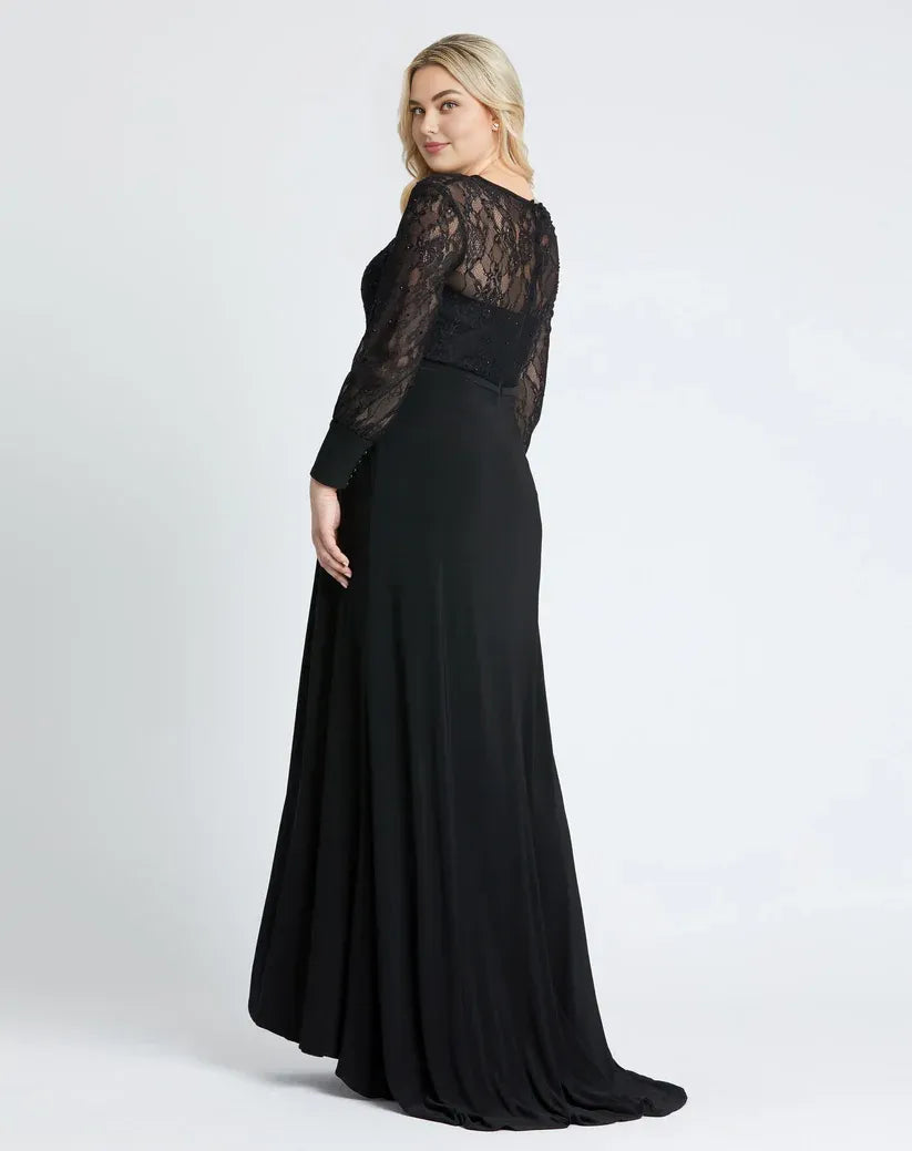 A Line High Neck Long Sleeve Zipper Up Sweep/Brush Train Plus Size Mother of the Bride Dress
