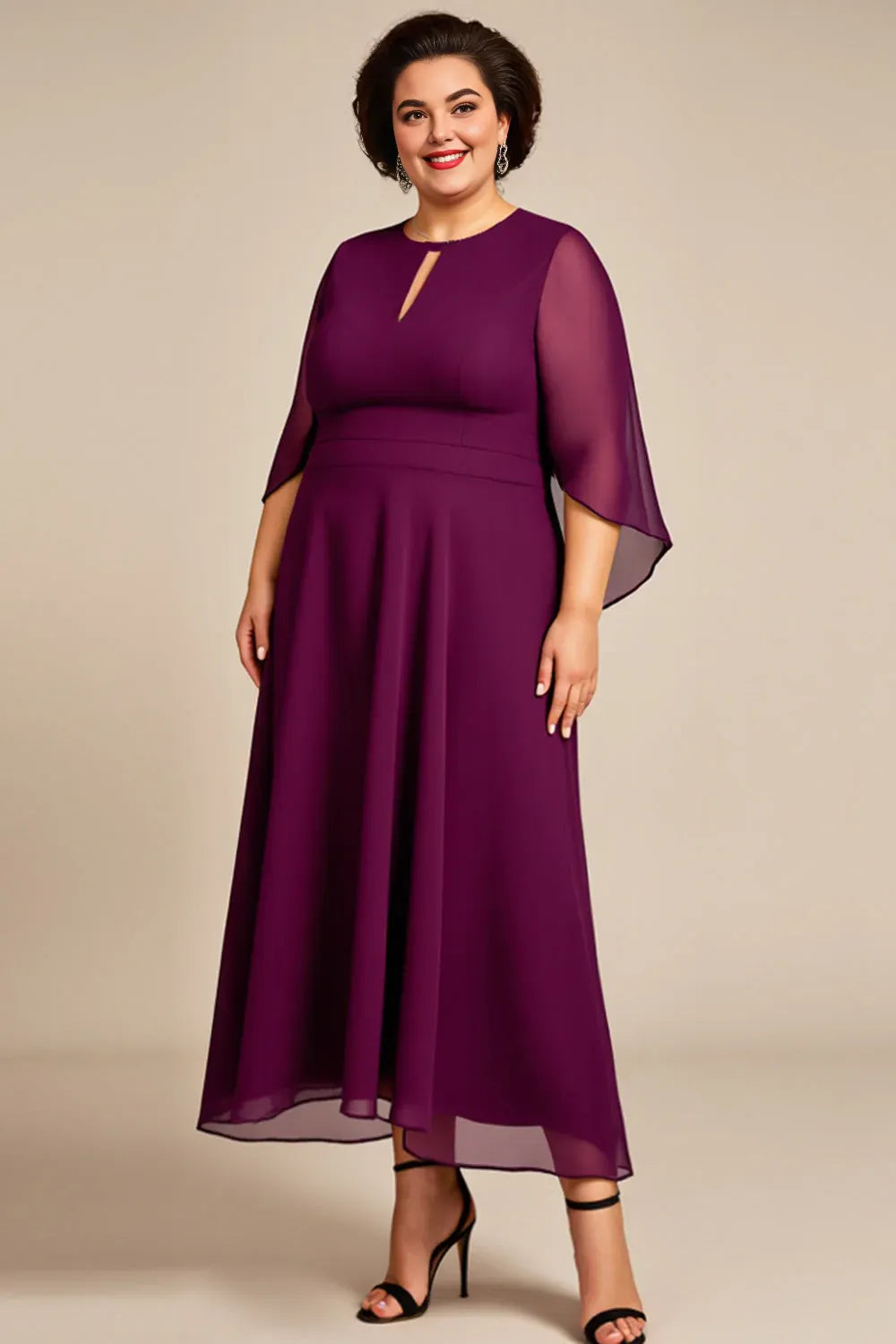 A Line Hight Neck Long Sleeves Zipper Up Ankle-Length Plus Size Mother of the Bride Dress