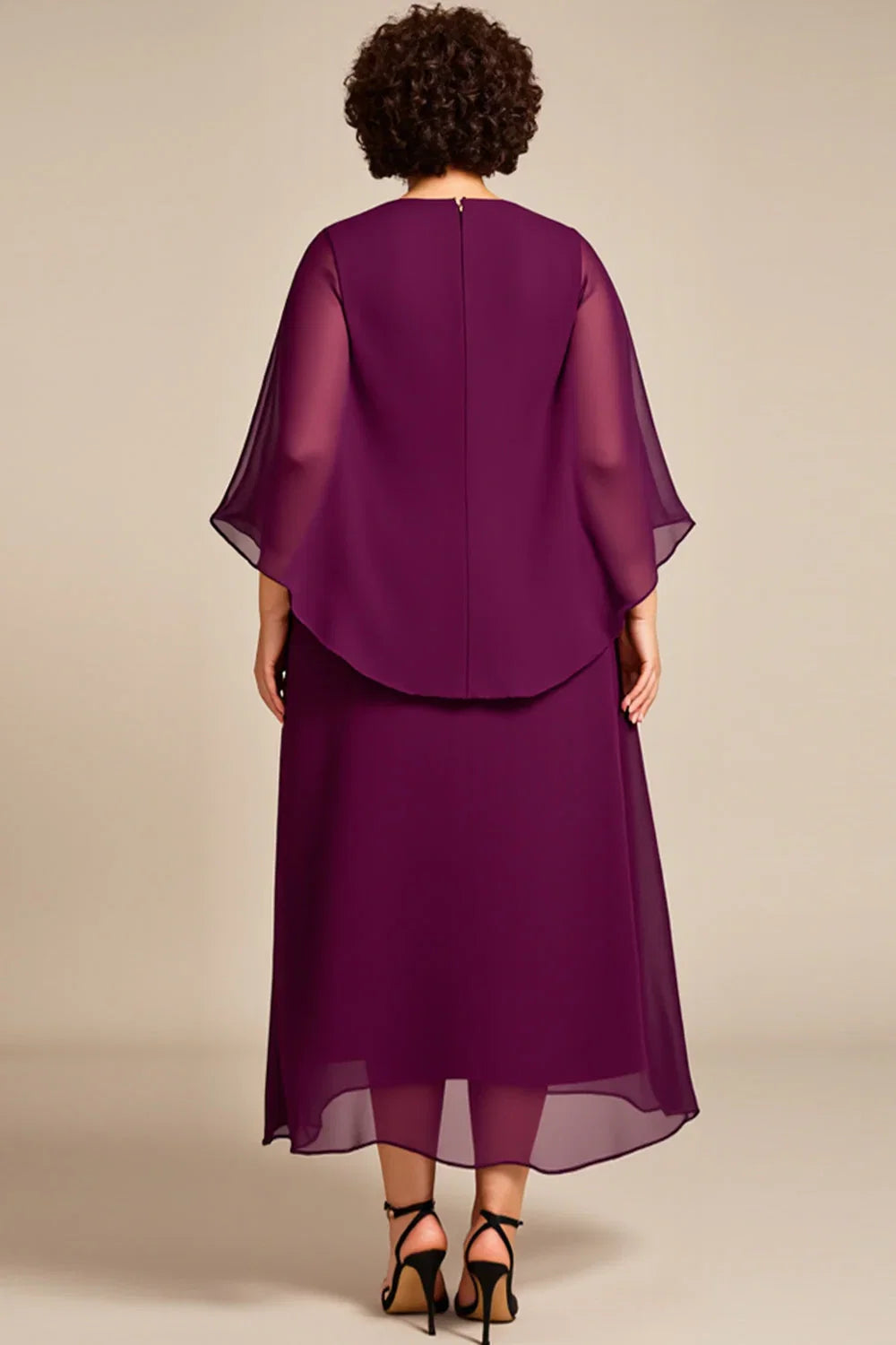A Line Hight Neck Long Sleeves Zipper Up Ankle-Length Plus Size Mother of the Bride Dress