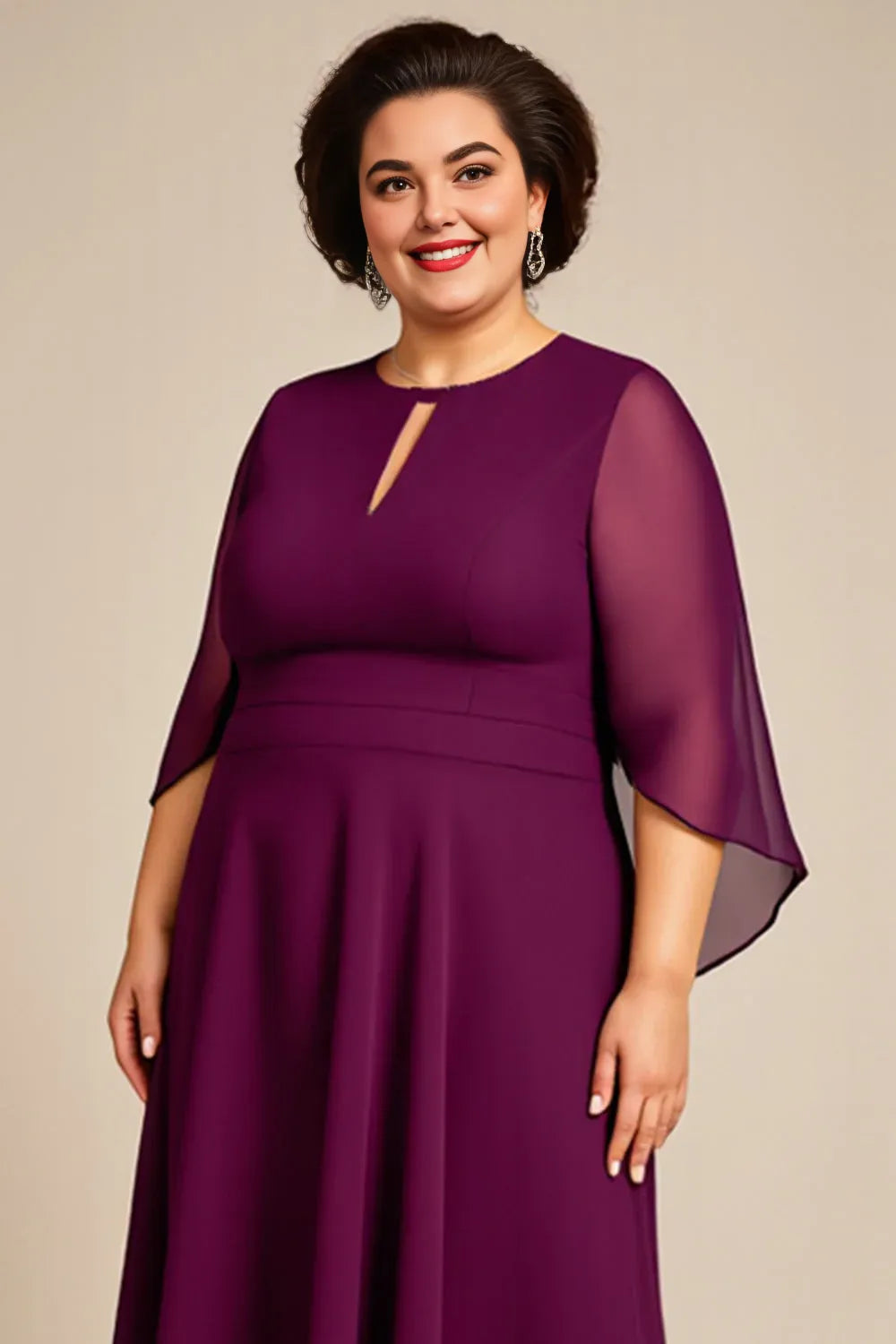 A Line Hight Neck Long Sleeves Zipper Up Ankle-Length Plus Size Mother of the Bride Dress