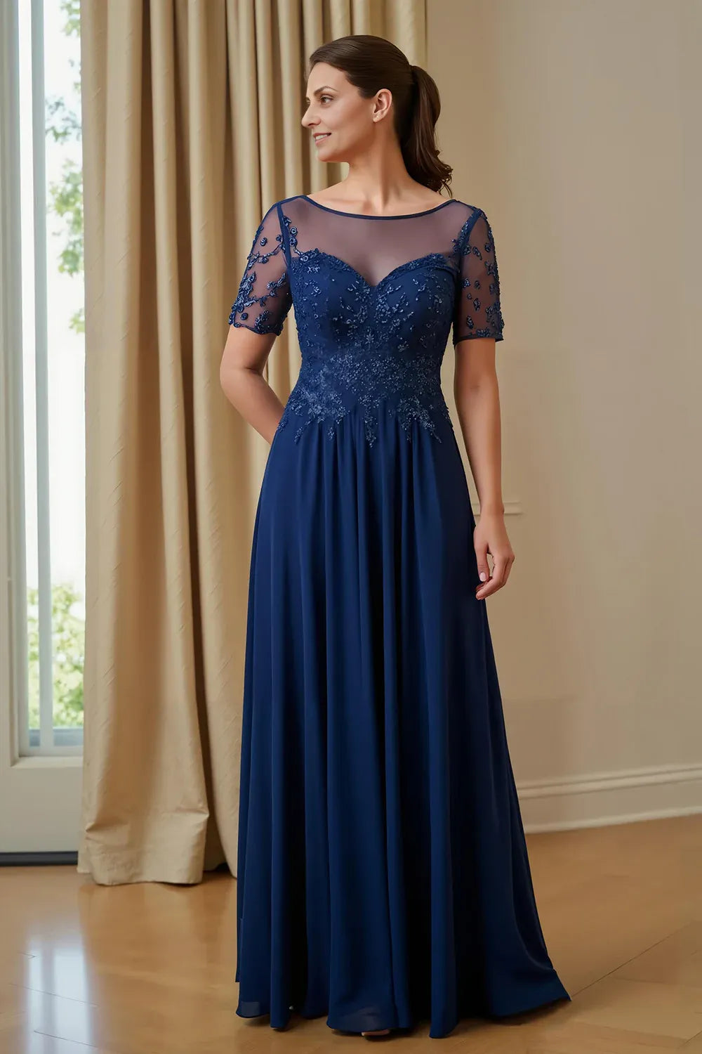 A Line Illusion Boat Neck Short Sleeve Zipper Up Floor-Length Mother of the Bride Dress