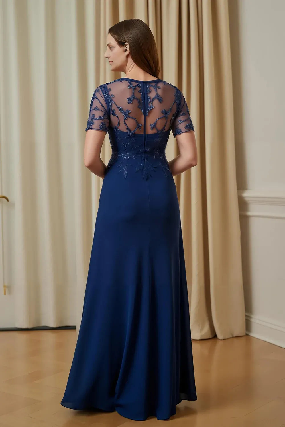 A Line Illusion Boat Neck Short Sleeve Zipper Up Floor-Length Mother of the Bride Dress