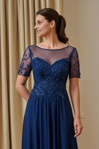 A Line Illusion Boat Neck Short Sleeve Zipper Up Floor-Length Mother of the Bride Dress